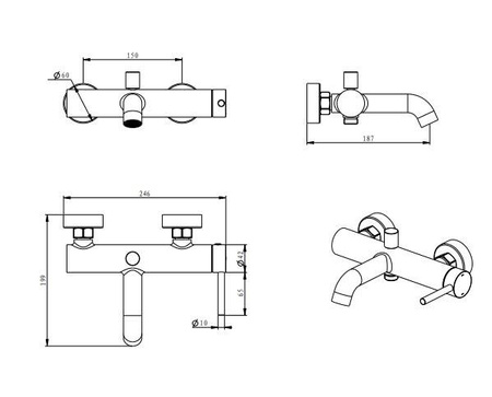 Emporia Fly Bateria Wannowa Ścienna Bez Zestawu Prysznicowego Czarny Mat