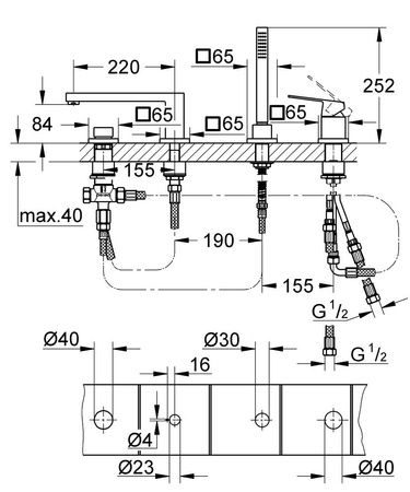 GROHE Eurocube Bateria Wannowa 4 - Otworowa 19897001
