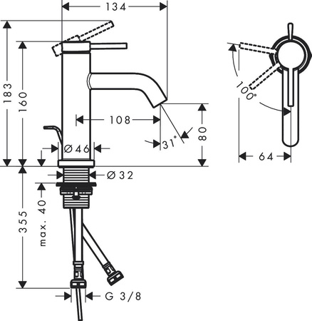HANSGROHE Tecturis S Bateria Umywalkowa 80, Z Kompletem Odpływowym Z Cięgłem - Brąz Szczotkowany 73302140